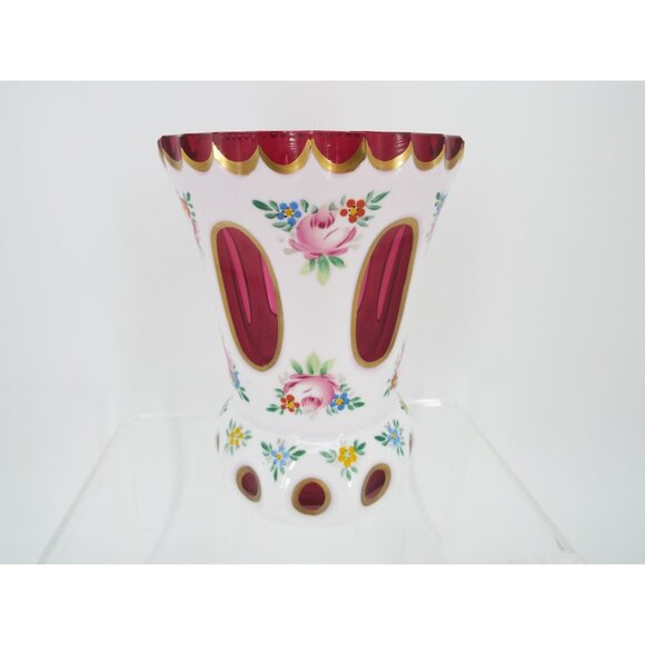 Vintage Bohemian Czech Cased White Overlay Cut to Cranberry Glass Floral Vase 5" - Picture 8 of 10